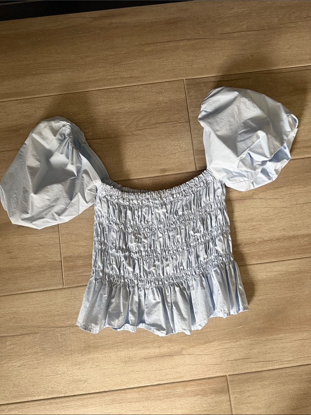 Astr Light Blue Smocked Puff-Sleeve Crop Top
